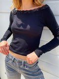 Women Lace Patchwork Long Sleeve T-Shirts Top Round Neck Spring Fall Slim Fit Tees Shirts Casual Pullovers Streetwear-Outfit