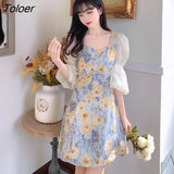 Women Chiffon Mini Square Collar Summer Retro French Style Female Streetwear Temperament Fashion Patchwork Causal