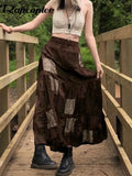 y2k Cute Party Long Skirts Printed Boho Grunge Fairyore Retro Skirts Kawaii Holiday Brown Pleated Skirts Women