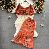 Women Red/Purple/Black Polka Dot Two Piece Set Summer Sexy Ruffle Short Drawstring Tops + High Waist Irregular Skirt 2pcs