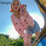 Fashion Women V Neck Knitted Embroidery Pullovers Sweater Tops Sexy Casual Cute White Pink Cropped Sweater Jumper