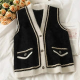 Korean V Neck Short Sweater Vest Women Vintage Button Up Knitted Waistcoat Elegant Mink Fleece Sleeveless Cardigan