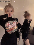 Tshirts Crop Tops Print Long Sleeve Tunic Tees Half High Collar Casual Chic Y2k T Shirt 2023 Ropa Mujer Shirts for Women-Outfit
