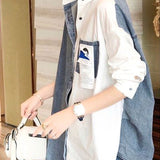 Loose Denim Spliced Blouse Casual Asymmetrical Spring Autumn Long Sleeve Female Clothing Pocket Single-breasted