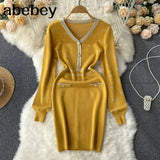 Women Korean Knitted Dress Long Sleeve V Neck Elastic Slim Pencil Dresses 2022 Autumn Sexy Bodycon Bottons Sweater