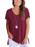 Summer New Plus Size Short Sleeve T Shirt Women Casual V Neck Hem Split Vintage Tops Female Loose Tee