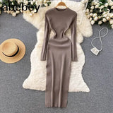 Senior Knitted Dress Women Long Sleeve Elastic Waist Split Sweater Dress Ladies Party Sexy Warm Long