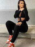 Streetwear Womens 2 Two Peice Sets Outfits 2022 Long Sleeve V Neck Crop Top Skinny Pants Suits Black White Matching