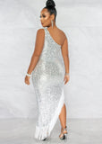Sexy Sequins One Shoulder Sleeveless Fringe Tassels Irregular Cocktail Party