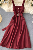 Korean Style Women Vintage Dress Autumn Winter Spaghetti Strap Sleeveless Belted A-line Midi Work Party