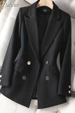 Temperament Women Blazer Coat Vintage Long Sleeve Elegant Casual Double Breasted Vintage Office Chic Tops