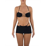 Women's Three-Piece Clothes Beachwear Outfits Halterneck Sleeveless Hollow Out Bra Tops + Thong + Skirt Bikinis Set-Outfit
