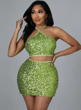 Sequins Halter Crop Top and Mini Skirt Two Piece