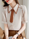 Han Queen New Simple Summer Elegant Single-Breasted Chiffon Blouse Womens Loose Casual Vintage Shirts Simple Basic Office Tops-Outfit