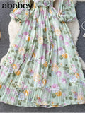 Autumn Bohemian Women Tie Dye Printed Pleated Long Dress Boho O Neck Puff Sleeve High Waist Draped Maxi Vestido