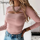Autumn O Neck Black Khaki White Long Sleeve Skinny Hollow Out Knitted Woman T Shirts Sexy Y2K Basic Tees Tops Winter