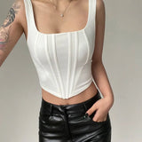 Summer Crop Tops Sexy Square Neck Tight Backless Short Top Sleeveless Tank Tops Women Casual Solid Color Basic Camisole-Outfit