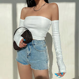 Crop Tops T-shirts, Solid Color Boat Neck Off Shoulder Sexy Tops Pullover with Long Sleeves for Summer Club Wear-Outfit