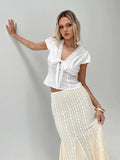 Hot Girl Style With Short-Sleeved Summer Splicing Lace Strap Sexy Top