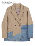 Casual Patchwork Plaid Blazer For Women Notched Collar Long Sleeve Colorblock Blazers Female Fashion Clothing