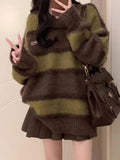 Vintage Round Neck Striped Sweater-Outfit
