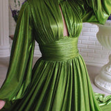 Spring-Summer Popular Color Hanging Waist Hanging Neck Big Swing Sexy Avocado Green Dress Solid Color Long Dress