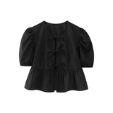 Women's Elegant Kawaii Summer Peplum Blouse Tops Short Puff Sleeve Round Neck Bow Tie-Up Front Babydoll Flare Shirts-Outfit