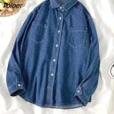 Autumn Long Sleeve Denim Shirt for Women 2023 Single Breasted Pocket Blouse Woman Turn Doen Collar Jeans Shirts