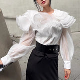 Fashion High-End Feel Top 2025 Autumn New Collar Splicing Lotus Leaf Edge Slim Thin