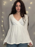 2025 New Solid Color Base High-Rise A Swing Thin V Collar Pure Lust Lace Splicing Long-Sleeved T-Shirt