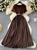 Summer Senior Round-Neck Short-Sleeved Dress, Tie, Waist Splicing, Elegant Large Hem