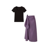 Summer New Relaxation Black Short-Sleeved T-Shirt Blouse High-Waist Purple Color Tying Strap A-Word Half-Dress