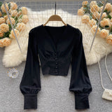 New Spring Shirts Women Elegant Vintage Solid Long Sleeves Slim Tops Fashion Button Sexy Streetwear Short