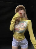Tshirts Crop Tops Print Long Sleeve Tunic Tees Half High Collar Casual Chic Y2k T Shirt 2023 Ropa Mujer Shirts for Women-Outfit