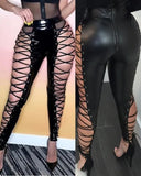 Sexy Side Lace Up Hollow Out High Waist Slim PU Leather