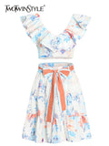 Summer Print Two Piece Set Womens V Neck Butterfly Sleeve Tops High Waist Mini Skirt Colorblock Sets Female