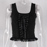 Summer New Black Vest Ins Square Collar Knitted Lace Sleeveless Halter Top-Outfit