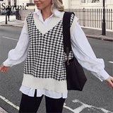Autumn 2020 Women Y2K Beige Houndstooth Sweater Vest Off Shoulder Pullover Knitted Sleeveless Fall Casual Tops