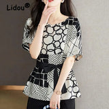 Women's Elegant Urban Commuting Office Lady Loose Chiffon Shirt Bat Sleeve Waist Thin Small Black Stitched Printed Top-Outfit