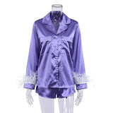 Wear Women Soft Feather Home Suit Button Up Top Slim Pants Two Piece Set 2022 Casual Pajama Elegant Lady Homewear