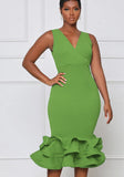 Sexy V-neck Sleeveless Solid Ruffles Layered Midi