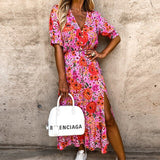 Summer Long Dress High Split Floral Print V Neck Puff Sleeve Dress Spring Short Sleeve A-Line Beach Midi Dress