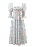Square Collar Flower Print Front Hem Slit Swing Midi Big Backless Dress Woman Elastic Puff Sleeve Holiday Robe-Outfit