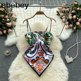 Treny Print Top Women's Sexy Backless Strap Camis Scarf Tie Crop Top Beach Holidays Sexy All-matching Summer