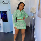 Plaid Neon Green 2 Two Piece Set Outfits For Women Zipper Bodycon Long Sleeve Crop Top and Skirt Set Women Matching
