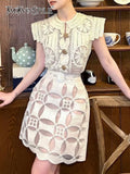 Slim Two Piece Set Womens Round Neck Short Sleeve Tops High Waist Mini Skirt Solid Sets Female Summer Clothing