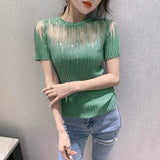 Summer Korean Clothes Knitted shirt Short Sleeve Elastic Tees Sexy Diamonds Transparent Women Tops Ropa Mujer Shirt