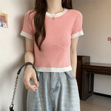 Clamming Color Splicing T-Shirts For Women's New Summer Fashion Slimming Thin-Sleeved Ice Silk Short-Sleeved Top