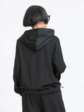 Women Black Pocket Split Joint Drawstring Big Size T-shirt New Hooded Long Sleeve Fashion Tide Spring Autumn 2023
