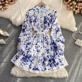 Runway Blue Floral Mini Mermaid Dress Women Elegant Ruffles Tassel Lace Hem Slim Short Dress Vestidos Robes